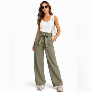 PAIGE Harper Olive Green High‎ Rise Wide Leg Paperbag Tie Waist Pants Size 27